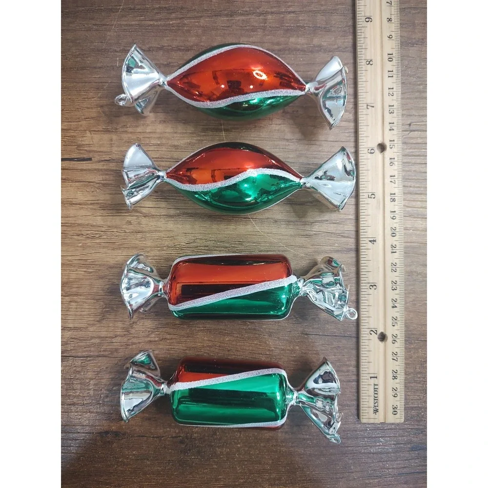 Large Glass Candy Twist Frosted Silver Red Green Christmas Ornament Lot Of 4 A11